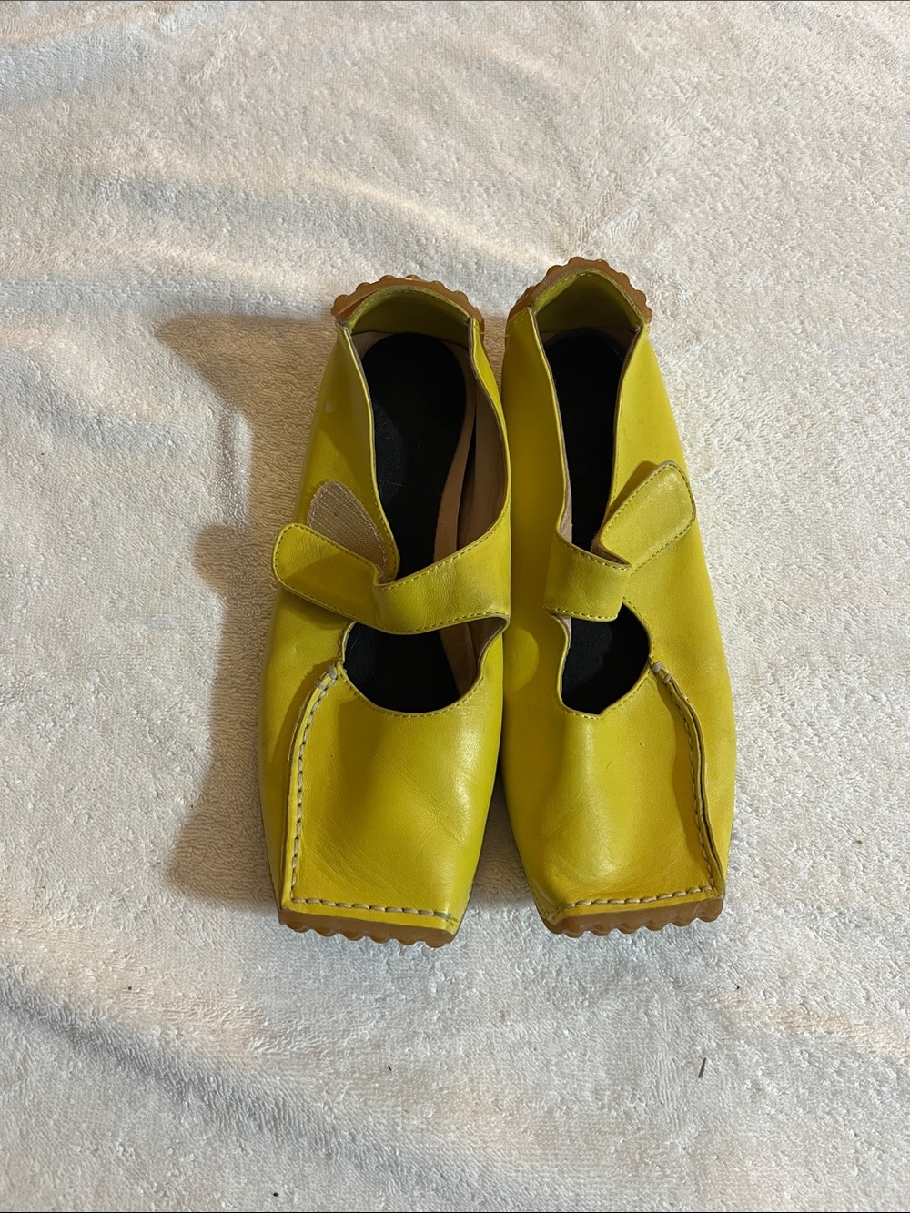 Bright Yellow Leather Mary Jane Flats with Velcro Strap